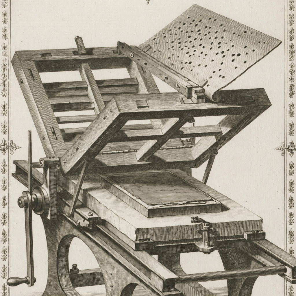 Engraving of the sliding carriage, tympan and frisket of a wooden common press.