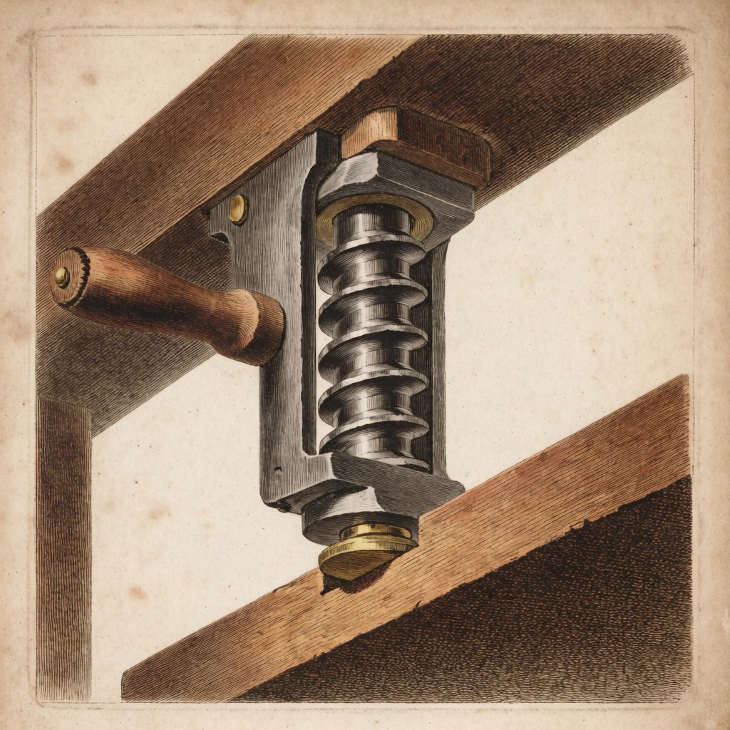 Engraving of the triple-threaded spindle, hose and platen of a wooden common press.