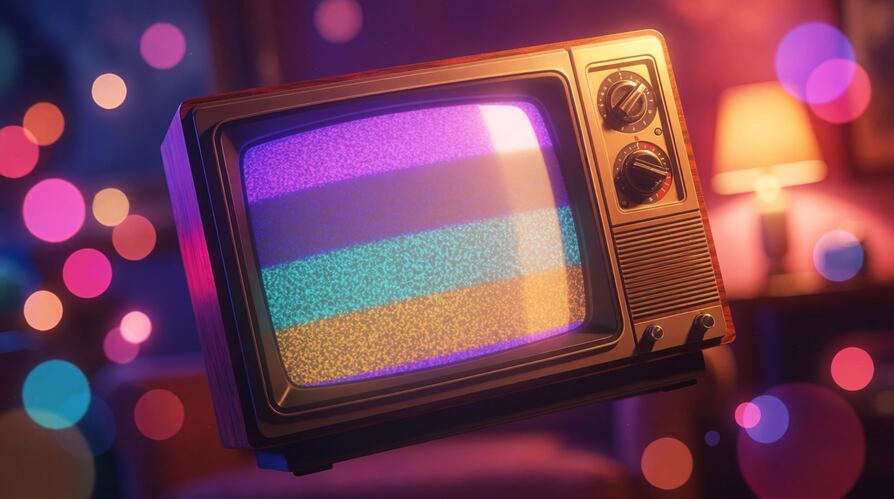 A warm glowing 1990s CRT television set in a dim room