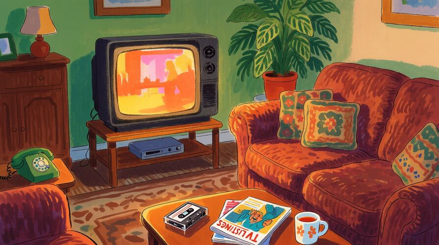 Cosy 1990s British living room with floral sofa and warm TV glow